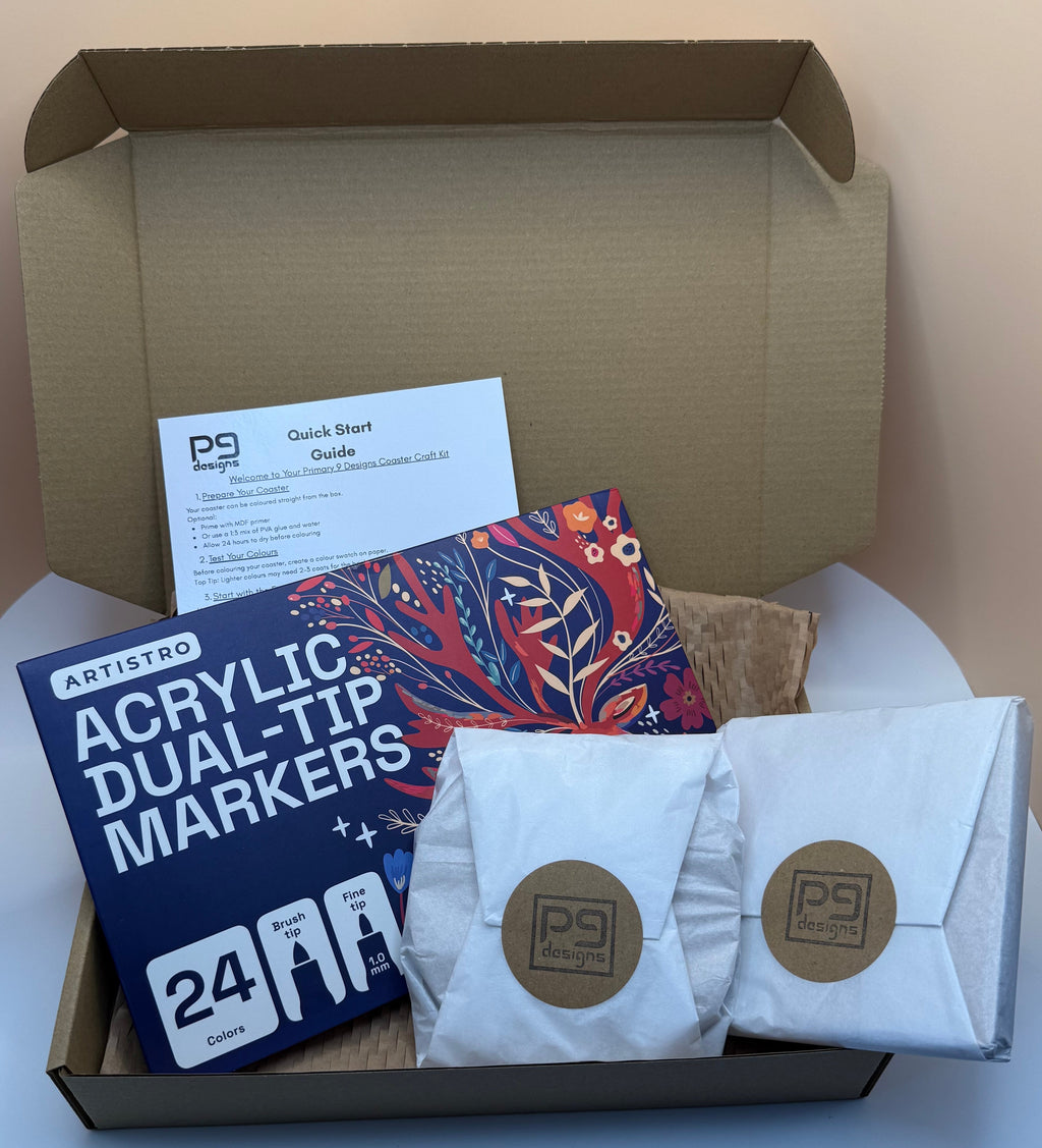 Gift Boxed kit of Six 12cm Coasters plus Acrylic Paint Pens